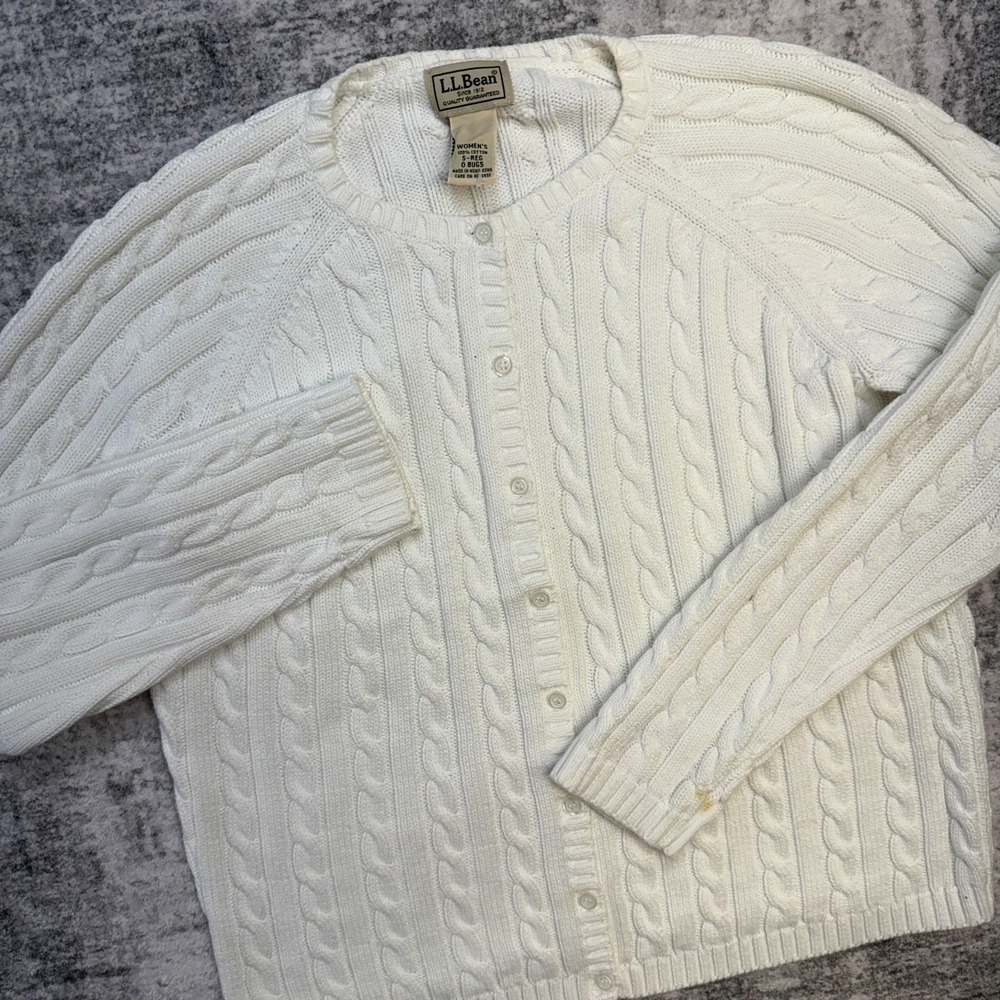 LL Bean‎ Sweater Womens Small White Cable Knit Cardigan Coastal Old Money Cotton